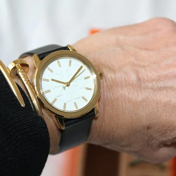 NIB TORY BURCH GIGI GOLD CASE BLACK LEATHER WATCH TOP RINGS GIFT SET TBW2018 - Picture 7 of 12